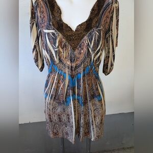 ONE WORLD Multicolor Paisley Tunic Top Sequin V Neck Gathered Waist Size M